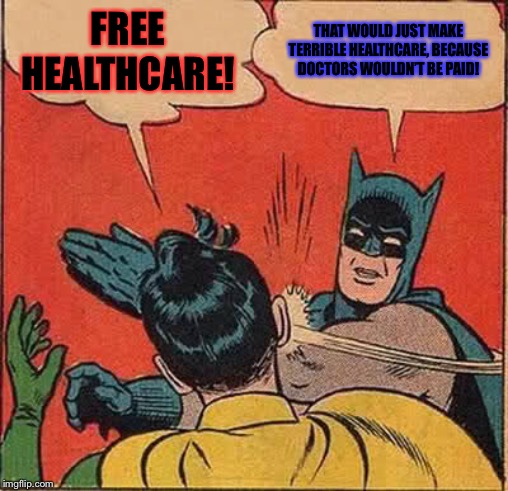 Batman Slapping Robin Meme | FREE HEALTHCARE! THAT WOULD JUST MAKE TERRIBLE HEALTHCARE, BECAUSE DOCTORS WOULDN’T BE PAID! | image tagged in memes,batman slapping robin | made w/ Imgflip meme maker