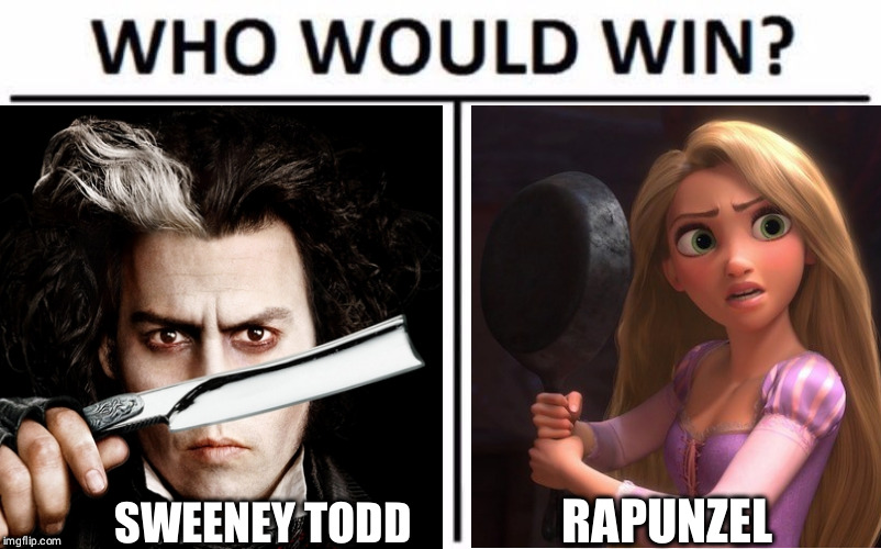This one looks hairy | RAPUNZEL; SWEENEY TODD | image tagged in funny,disney,disney princesses,johnny depp,hair,tangled | made w/ Imgflip meme maker
