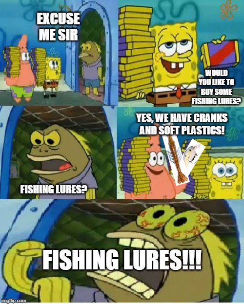 New Fishing Lures? | EXCUSE ME SIR; WOULD YOU LIKE TO BUY SOME FISHING LURES? YES, WE HAVE CRANKS AND SOFT PLASTICS! FISHING LURES? FISHING LURES!!! | image tagged in memes,chocolate spongebob,fishing,gone fishing,outdoors | made w/ Imgflip meme maker