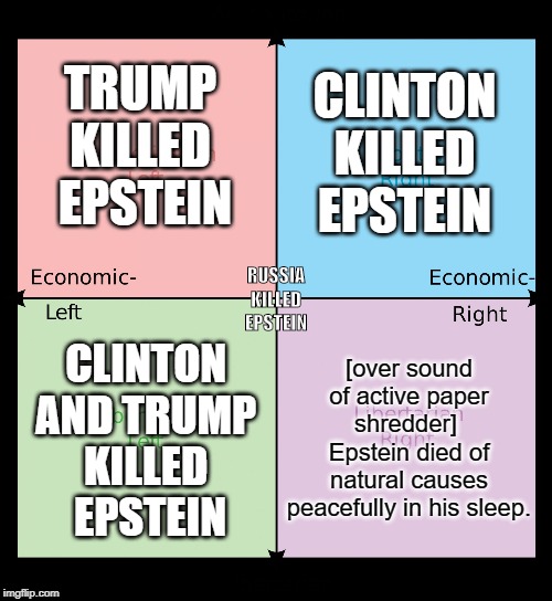 Political compass | CLINTON KILLED EPSTEIN; TRUMP 
KILLED 
EPSTEIN; RUSSIA KILLED EPSTEIN; [over sound of active paper shredder] 
Epstein died of natural causes peacefully in his sleep. CLINTON 
AND TRUMP 
KILLED 
EPSTEIN | image tagged in political compass | made w/ Imgflip meme maker