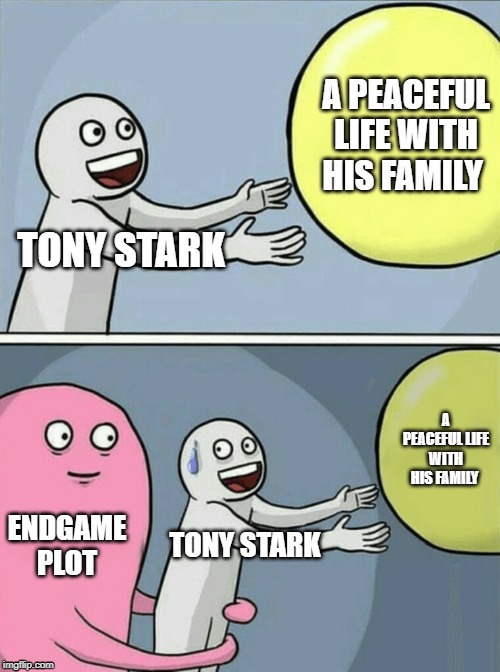 oof | A PEACEFUL LIFE WITH HIS FAMILY; TONY STARK; A PEACEFUL LIFE WITH HIS FAMILY; ENDGAME PLOT; TONY STARK | image tagged in memes,running away balloon | made w/ Imgflip meme maker