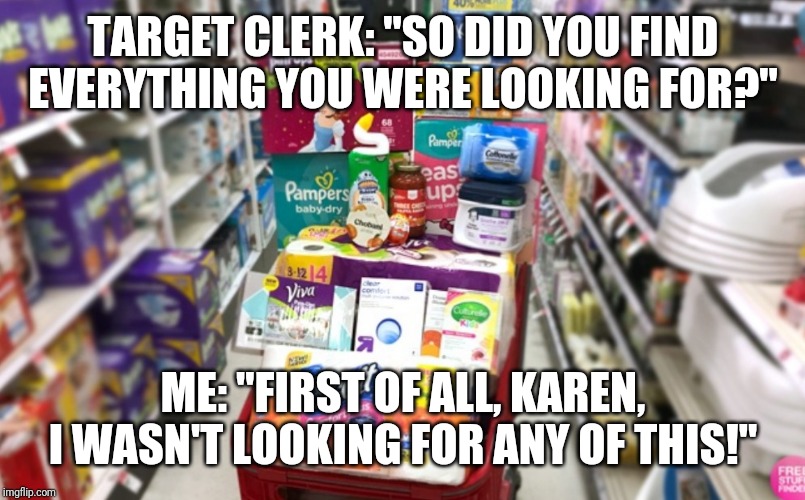 Shopping at Target | TARGET CLERK: "SO DID YOU FIND EVERYTHING YOU WERE LOOKING FOR?"; ME: "FIRST OF ALL, KAREN, I WASN'T LOOKING FOR ANY OF THIS!" | image tagged in budget,target,shopping,shopping cart | made w/ Imgflip meme maker