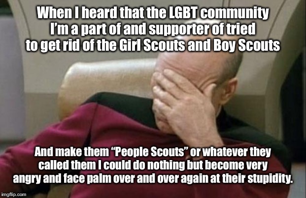 Dear LGBT community, You guys disappoint me!RegardsOriginal Poster of this meme | When I heard that the LGBT community I’m a part of and supporter of tried to get rid of the Girl Scouts and Boy Scouts; And make them “People Scouts” or whatever they called them I could do nothing but become very angry and face palm over and over again at their stupidity. | image tagged in memes,captain picard facepalm | made w/ Imgflip meme maker