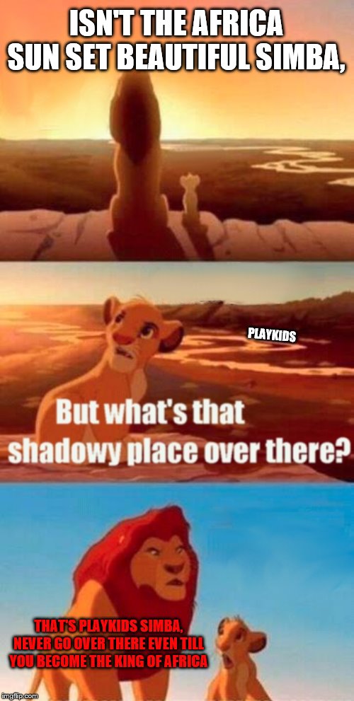 SIMBA, SHUT UP | ISN'T THE AFRICA SUN SET BEAUTIFUL SIMBA, PLAYKIDS; THAT'S PLAYKIDS SIMBA, NEVER GO OVER THERE EVEN TILL YOU BECOME THE KING OF AFRICA | image tagged in simba shadowy place | made w/ Imgflip meme maker