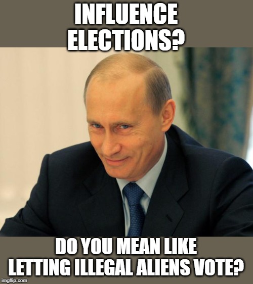 vladimir putin smiling | INFLUENCE ELECTIONS? DO YOU MEAN LIKE LETTING ILLEGAL ALIENS VOTE? | image tagged in vladimir putin smiling | made w/ Imgflip meme maker