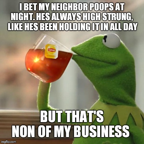 But That's None Of My Business | I BET MY NEIGHBOR POOPS AT NIGHT. HES ALWAYS HIGH STRUNG,  LIKE HES BEEN HOLDING IT IN ALL DAY; BUT THAT'S NON OF MY BUSINESS | image tagged in memes,but thats none of my business,kermit the frog | made w/ Imgflip meme maker