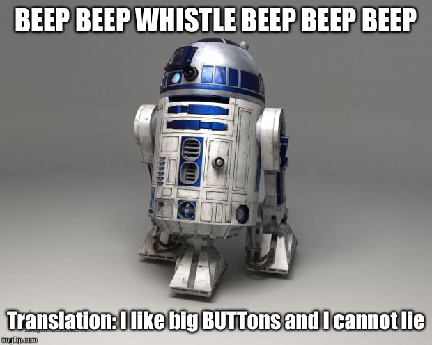 R2D2 | BEEP BEEP WHISTLE BEEP BEEP BEEP Translation: I like big BUTTons and I cannot lie | image tagged in r2d2 | made w/ Imgflip meme maker