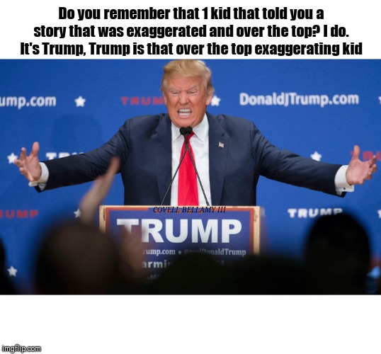 Trump Is That 1 Kid | Do you remember that 1 kid that told you a story that was exaggerated and over the top? I do. It's Trump, Trump is that over the top exaggerating kid; COVELL BELLAMY III | image tagged in trump is that 1 kid | made w/ Imgflip meme maker