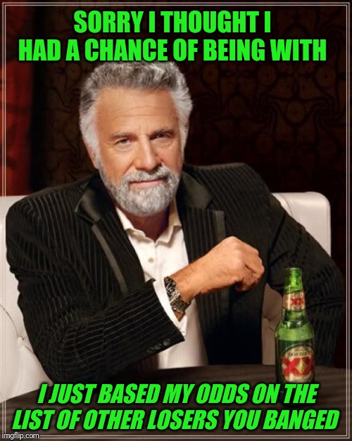 The Most Interesting Man In The World Meme | SORRY I THOUGHT I HAD A CHANCE OF BEING WITH; I JUST BASED MY ODDS ON THE LIST OF OTHER LOSERS YOU BANGED | image tagged in memes,the most interesting man in the world | made w/ Imgflip meme maker