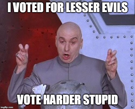 Dr Evil Laser | I VOTED FOR LESSER EVILS; VOTE HARDER STUPID | image tagged in memes,dr evil laser | made w/ Imgflip meme maker