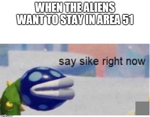 say sike right now | WHEN THE ALIENS WANT TO STAY IN AREA 51 | image tagged in say sike right now | made w/ Imgflip meme maker