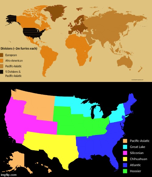The furry fandom evenly divided into 7 parts. Look at America hoarding most of 'em! | image tagged in map,infographics,statistics | made w/ Imgflip meme maker