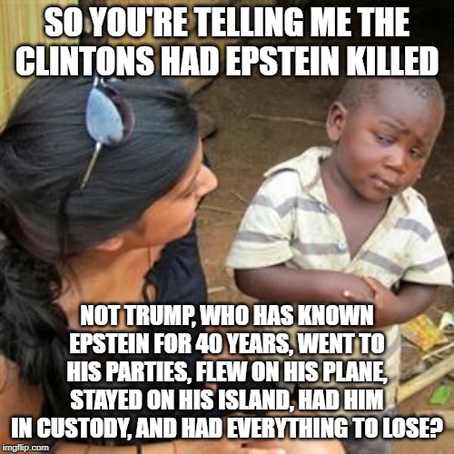 so youre telling me | SO YOU'RE TELLING ME THE CLINTONS HAD EPSTEIN KILLED; NOT TRUMP, WHO HAS KNOWN EPSTEIN FOR 40 YEARS, WENT TO HIS PARTIES, FLEW ON HIS PLANE, STAYED ON HIS ISLAND, HAD HIM IN CUSTODY, AND HAD EVERYTHING TO LOSE? | image tagged in so youre telling me,AdviceAnimals | made w/ Imgflip meme maker