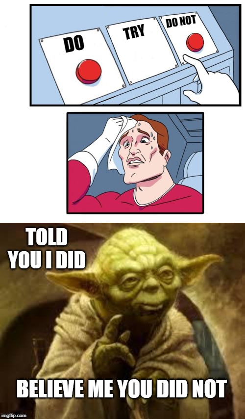 There is no try | DO NOT; TRY; DO; TOLD YOU I DID; BELIEVE ME YOU DID NOT | image tagged in yoda,memes,two buttons | made w/ Imgflip meme maker