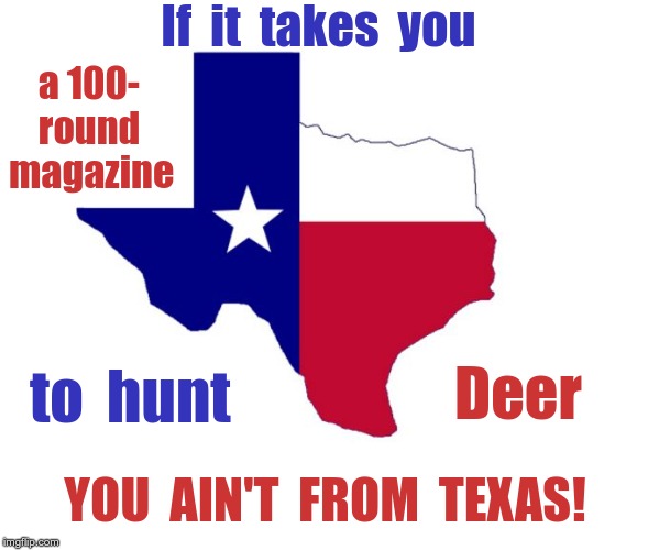 Hunting | If  it  takes  you; a 100-
    round
magazine; Deer; to  hunt; YOU  AIN'T  FROM  TEXAS! | image tagged in texas,hunting,gun control,rick75230 | made w/ Imgflip meme maker