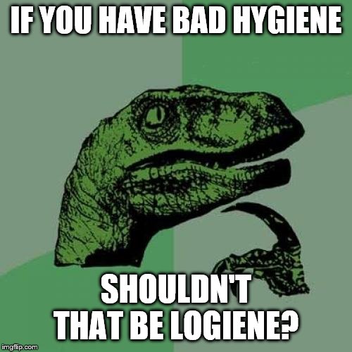 Philosoraptor Meme | IF YOU HAVE BAD HYGIENE; SHOULDN'T THAT BE LOGIENE? | image tagged in memes,philosoraptor | made w/ Imgflip meme maker