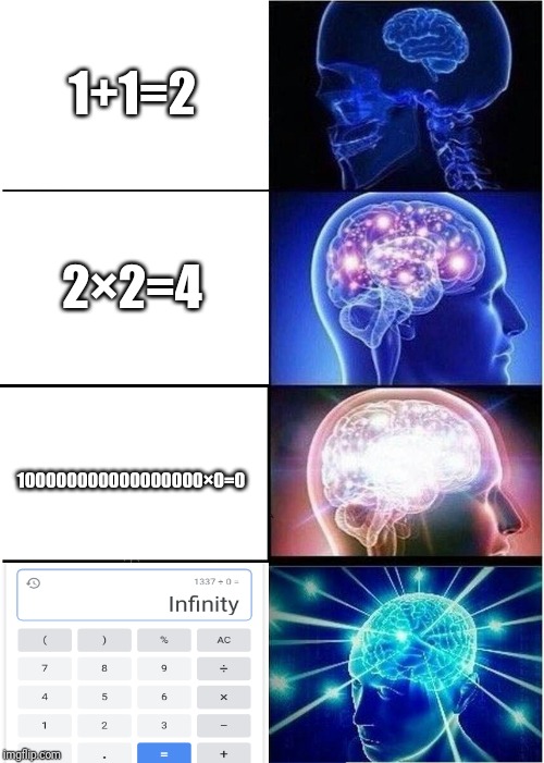 Expanding Brain | 1+1=2; 2×2=4; 100000000000000000×0=0 | image tagged in memes,expanding brain | made w/ Imgflip meme maker