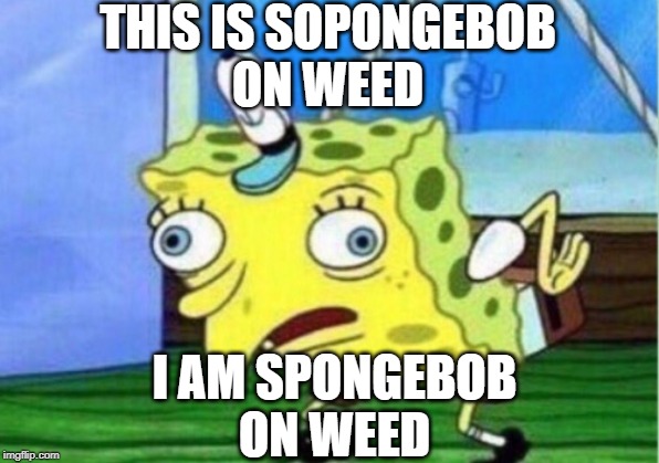 Mocking Spongebob Meme | THIS IS SOPONGEBOB
ON WEED; I AM SPONGEBOB
ON WEED | image tagged in memes,mocking spongebob | made w/ Imgflip meme maker