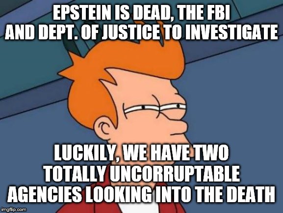 Futurama Fry Meme | EPSTEIN IS DEAD, THE FBI AND DEPT. OF JUSTICE TO INVESTIGATE; LUCKILY, WE HAVE TWO TOTALLY UNCORRUPTABLE AGENCIES LOOKING INTO THE DEATH | image tagged in memes,futurama fry | made w/ Imgflip meme maker