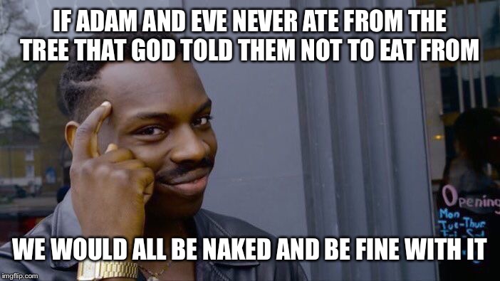 Not Saying they should eat from the tree | IF ADAM AND EVE NEVER ATE FROM THE TREE THAT GOD TOLD THEM NOT TO EAT FROM; WE WOULD ALL BE NAKED AND BE FINE WITH IT | image tagged in memes,roll safe think about it | made w/ Imgflip meme maker