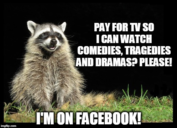 Talk about reality TV! | PAY FOR TV SO I CAN WATCH COMEDIES, TRAGEDIES AND DRAMAS? PLEASE! I'M ON FACEBOOK! | image tagged in facebook,life,tv,tv shows,tv dramas | made w/ Imgflip meme maker