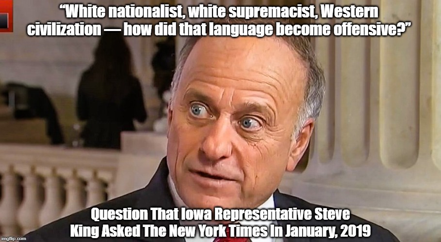 "Republican Representative Steve King: White Supremacist" | “White nationalist, white supremacist, Western civilization — how did that language become offensive?”; Question That Iowa Representative Steve King Asked The New York Times In January, 2019 | image tagged in white nationalist,white supremacist,racism,misguided normalization,rep steve king | made w/ Imgflip meme maker