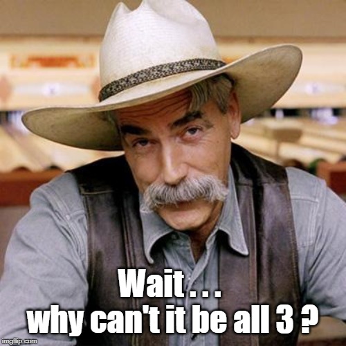 SARCASM COWBOY | Wait . . . 
why can't it be all 3 ? | image tagged in sarcasm cowboy | made w/ Imgflip meme maker