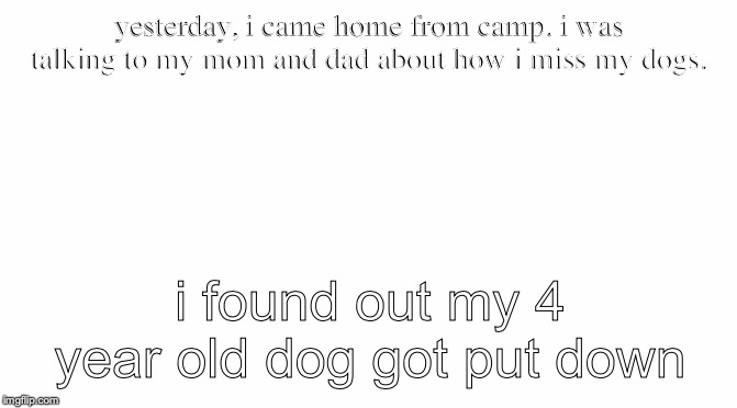Starter Pack | yesterday, i came home from camp. i was talking to my mom and dad about how i miss my dogs. i found out my 4 year old dog got put down | image tagged in starter pack | made w/ Imgflip meme maker