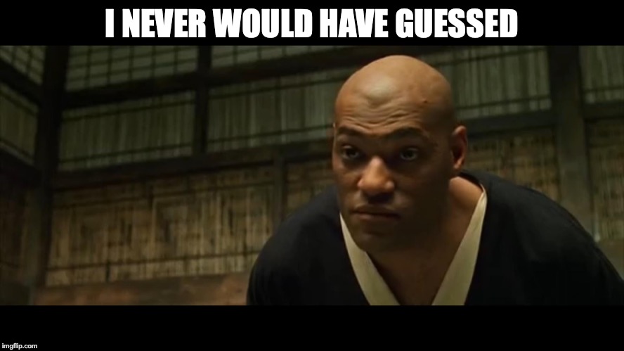 Morpheus Cocky Look | I NEVER WOULD HAVE GUESSED | image tagged in morpheus cocky look | made w/ Imgflip meme maker