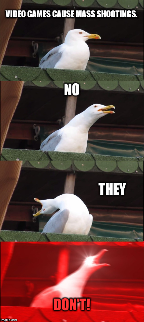 Inhaling Seagull Meme | VIDEO GAMES CAUSE MASS SHOOTINGS. NO; THEY; DON'T! | image tagged in memes,inhaling seagull | made w/ Imgflip meme maker