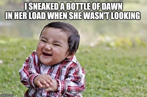 Evil Toddler Meme | I SNEAKED A BOTTLE OF DAWN IN HER LOAD WHEN SHE WASN'T LOOKING | image tagged in memes,evil toddler | made w/ Imgflip meme maker