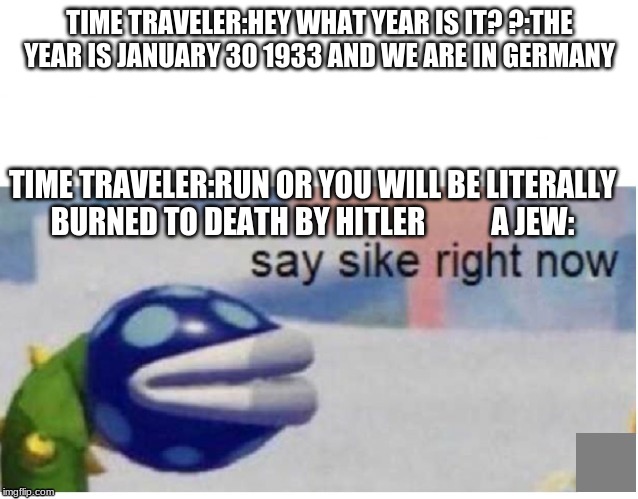 say sike right now | TIME TRAVELER:HEY WHAT YEAR IS IT? ?:THE YEAR IS JANUARY 30 1933 AND WE ARE IN GERMANY; TIME TRAVELER:RUN OR YOU WILL BE LITERALLY BURNED TO DEATH BY HITLER           A JEW: | image tagged in say sike right now | made w/ Imgflip meme maker