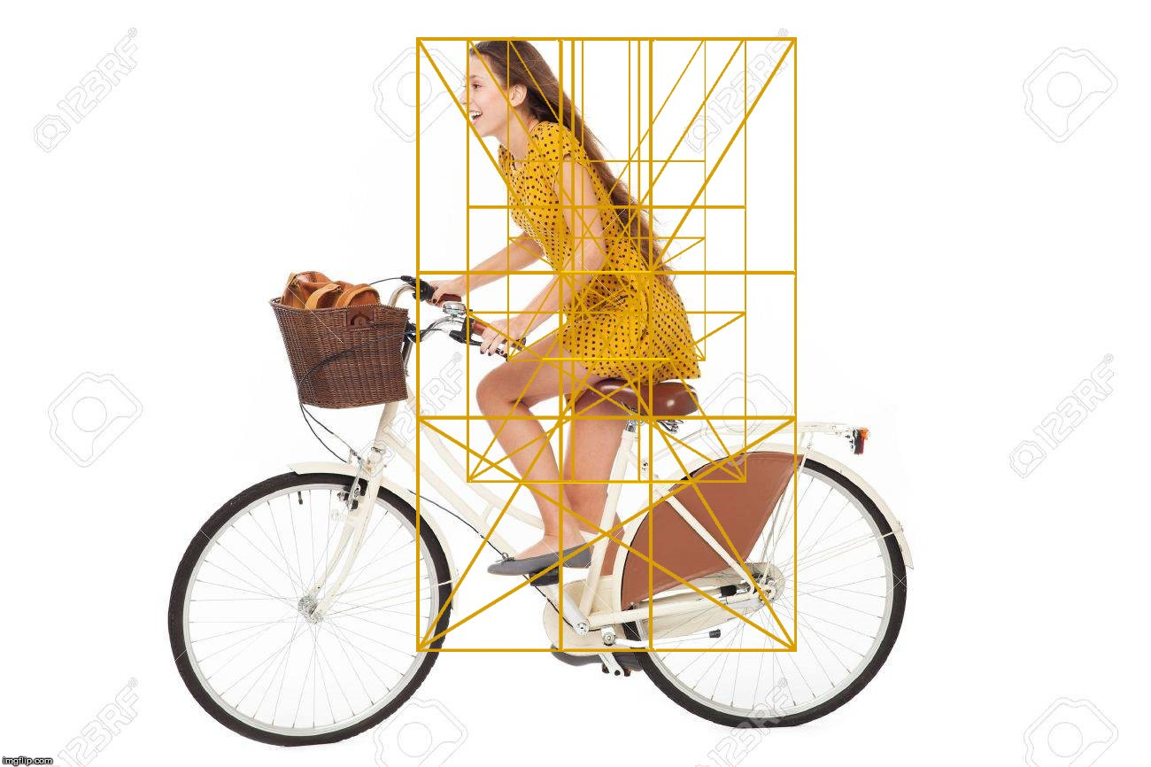 A woman on a bike with a Golden Ratio overlay. | image tagged in the golden ratio,the human body,geometry,bicycle | made w/ Imgflip meme maker