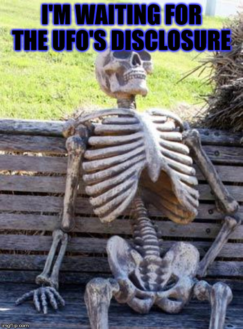 Waiting Skeleton | I'M WAITING FOR THE UFO'S DISCLOSURE | image tagged in memes,waiting skeleton | made w/ Imgflip meme maker