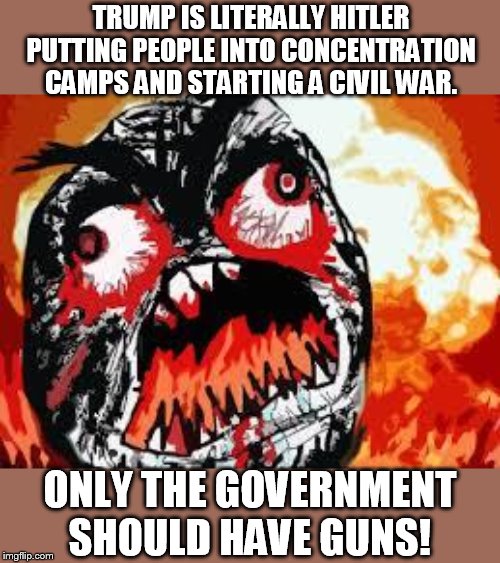 The two faces of the alt left. | TRUMP IS LITERALLY HITLER PUTTING PEOPLE INTO CONCENTRATION CAMPS AND STARTING A CIVIL WAR. ONLY THE GOVERNMENT SHOULD HAVE GUNS! | image tagged in rage quit | made w/ Imgflip meme maker