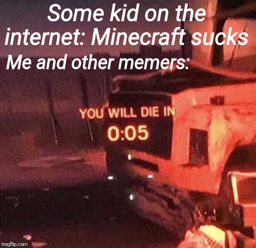 You will die in 0:05 | Some kid on the internet: Minecraft sucks; Me and other memers: | image tagged in you will die in 005 | made w/ Imgflip meme maker