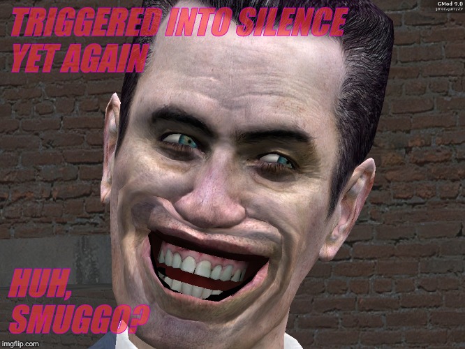 . | TRIGGERED INTO SILENCE YET AGAIN HUH,                SMUGGO? | image tagged in g-man from half-life | made w/ Imgflip meme maker