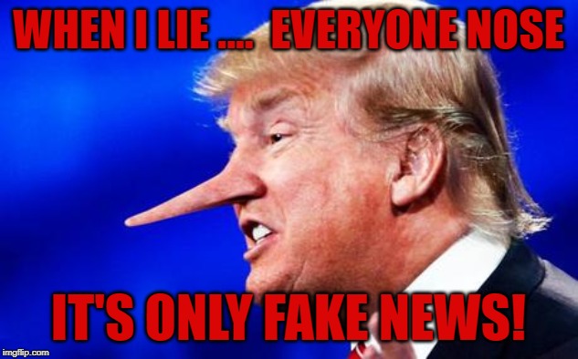 Trump Pinoccio | WHEN I LIE ....  EVERYONE NOSE; IT'S ONLY FAKE NEWS! | image tagged in trump pinoccio | made w/ Imgflip meme maker