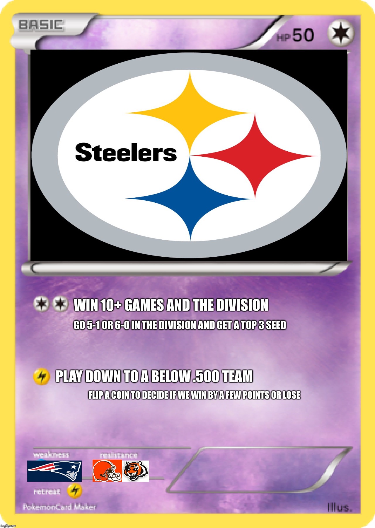 Pokémon Card | WIN 10+ GAMES AND THE DIVISION; GO 5-1 OR 6-0 IN THE DIVISION AND GET A TOP 3 SEED; PLAY DOWN TO A BELOW .500 TEAM; FLIP A COIN TO DECIDE IF WE WIN BY A FEW POINTS OR LOSE | image tagged in pokmon card | made w/ Imgflip meme maker