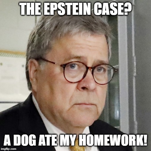 Bill Barr | THE EPSTEIN CASE? A DOG ATE MY HOMEWORK! | image tagged in bill barr | made w/ Imgflip meme maker