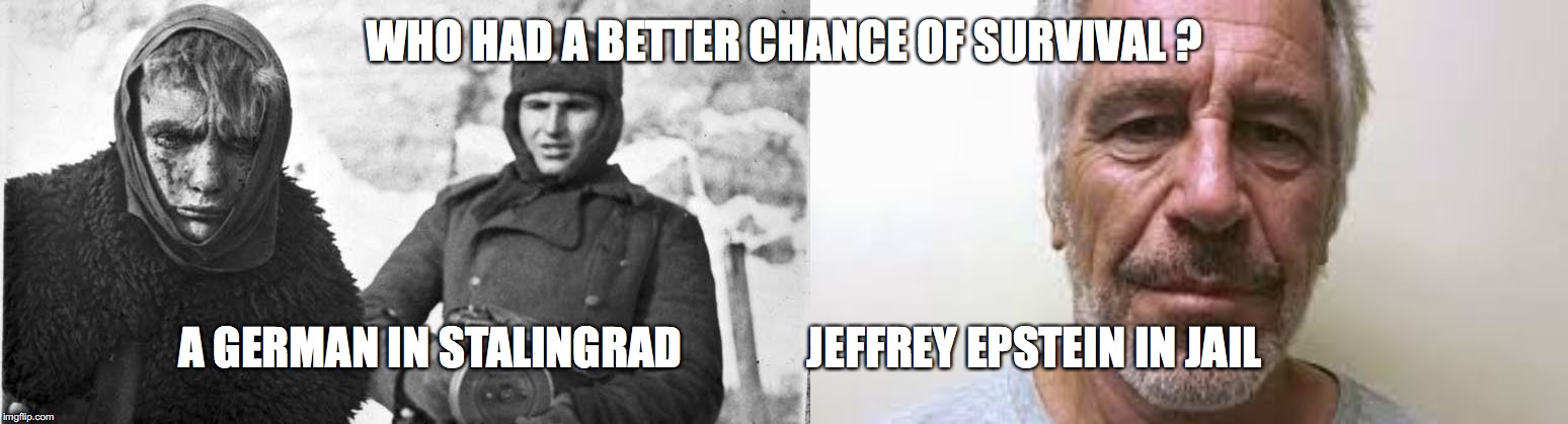 WHO HAD A BETTER CHANCE OF SURVIVAL ? A GERMAN IN STALINGRAD              JEFFREY EPSTEIN IN JAIL | made w/ Imgflip meme maker