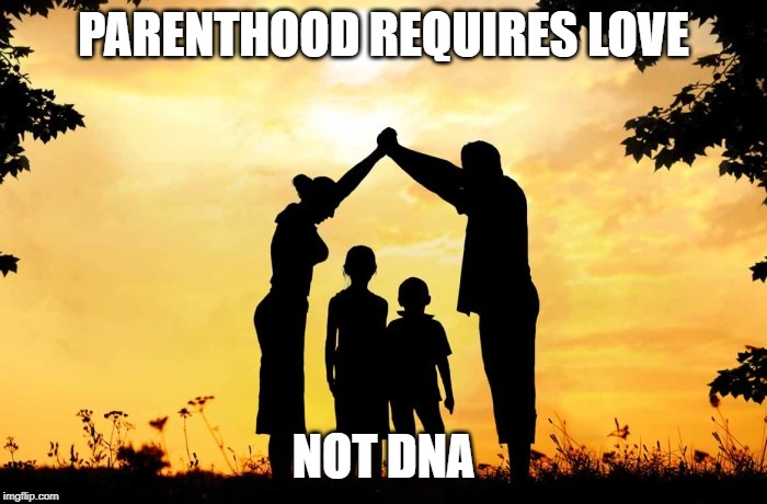 This is a saying on a paper weight on my desk, wife got it for me shortly after adopting :) | PARENTHOOD REQUIRES LOVE; NOT DNA | image tagged in strong parents,adoption,parenthood | made w/ Imgflip meme maker