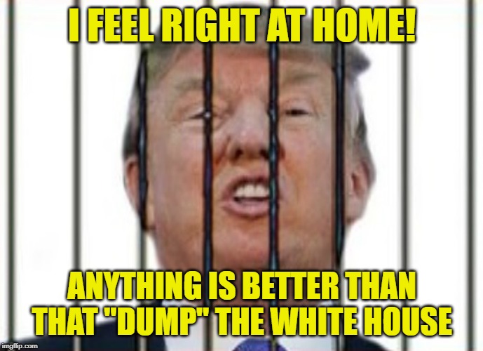 Donald Trump For Prison | I FEEL RIGHT AT HOME! ANYTHING IS BETTER THAN THAT "DUMP" THE WHITE HOUSE | image tagged in donald trump for prison | made w/ Imgflip meme maker