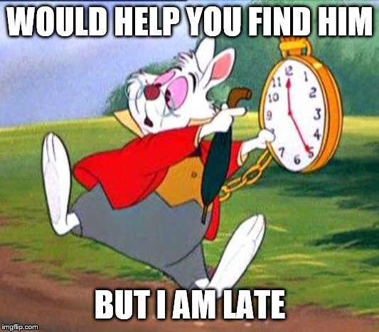 White Rabbit "I'm late!" | WOULD HELP YOU FIND HIM BUT I AM LATE | image tagged in white rabbit i'm late | made w/ Imgflip meme maker