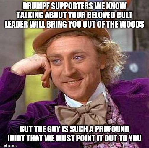 Creepy Condescending Wonka | DRUMPF SUPPORTERS WE KNOW TALKING ABOUT YOUR BELOVED CULT LEADER WILL BRING YOU OUT OF THE WOODS; BUT THE GUY IS SUCH A PROFOUND IDIOT THAT WE MUST POINT IT OUT TO YOU | image tagged in memes,creepy condescending wonka | made w/ Imgflip meme maker