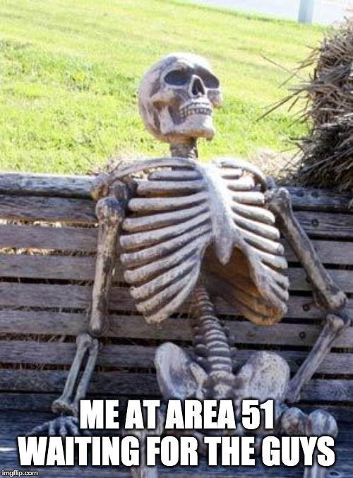 Waiting Skeleton Meme | ME AT AREA 51 WAITING FOR THE GUYS | image tagged in memes,waiting skeleton | made w/ Imgflip meme maker
