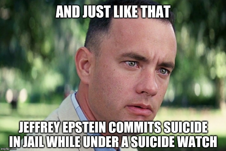 This happening was never a question of if, but when | AND JUST LIKE THAT; JEFFREY EPSTEIN COMMITS SUICIDE IN JAIL WHILE UNDER A SUICIDE WATCH | image tagged in jeffrey epstein,politics,the clintons,political | made w/ Imgflip meme maker