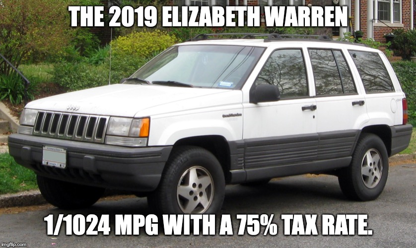 It's a cash burner, and destroys the environment but liberals don't care. | THE 2019 ELIZABETH WARREN; 1/1024 MPG WITH A 75% TAX RATE. | image tagged in 2019,elizabeth warren,socialist,liberals,liars | made w/ Imgflip meme maker