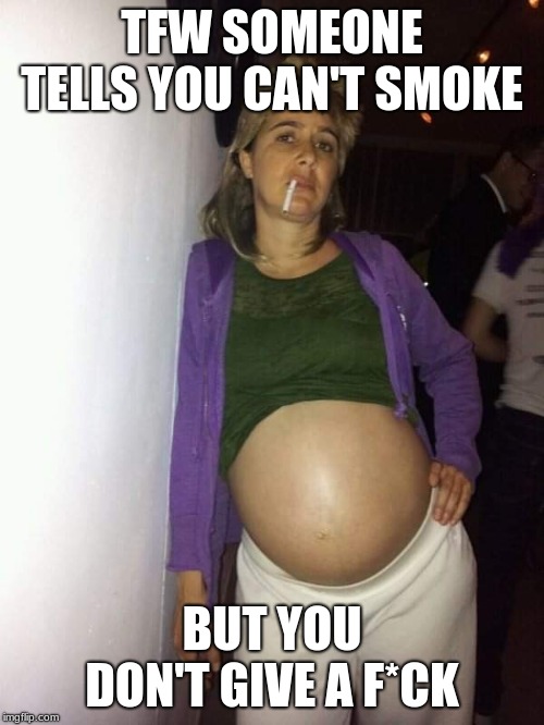 She just doesn't care... | TFW SOMEONE TELLS YOU CAN'T SMOKE; BUT YOU DON'T GIVE A F*CK | image tagged in pregnant woman,smoking,no fucks given | made w/ Imgflip meme maker