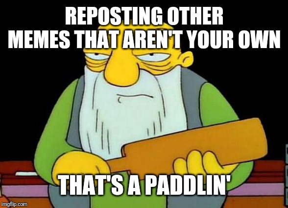 That's a paddlin' Meme | REPOSTING OTHER MEMES THAT AREN'T YOUR OWN; THAT'S A PADDLIN' | image tagged in memes,that's a paddlin' | made w/ Imgflip meme maker